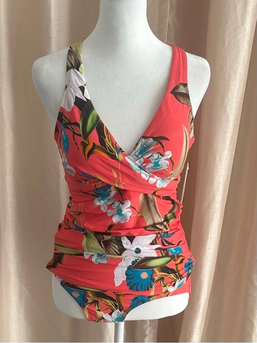NWT Jantzen Adjustable Strap V-Neck Tankini w/ Comfort Brief Coral Botanical 6